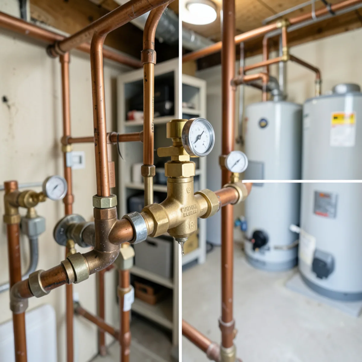Close-up of a Watts ASME temperature and pressure relief valve on a water heater
