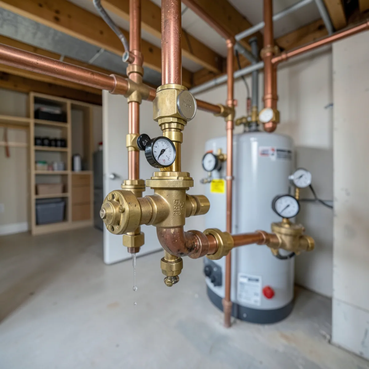 Water pressure test gauge connected to a laundry bibb showing 75 PSI line pressure